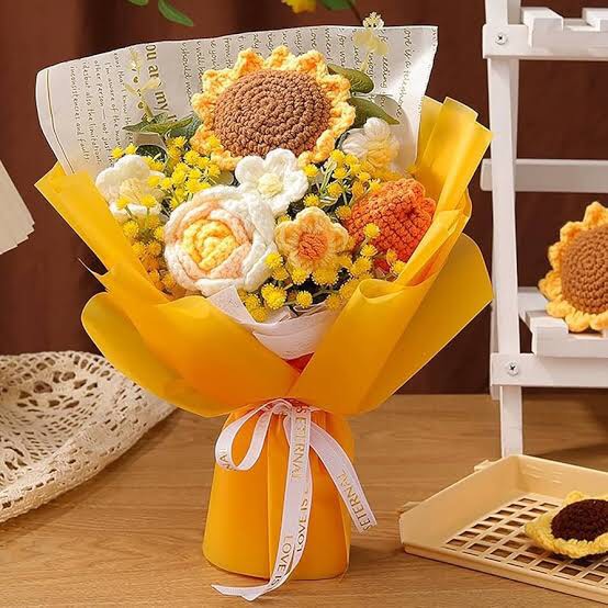 Crochet Flower Bouquet with String Light, Fake Handmade Knitted Flowers, Decor Bouquet Sunflower Rose Daisy for Mother's Day, Birthday, Wedding, Home Decor