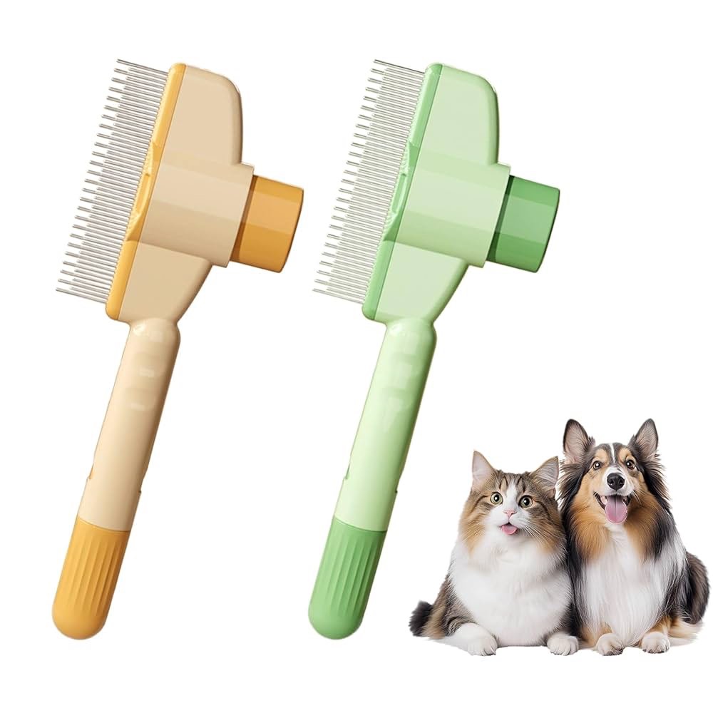 2PCS Pet Hair Removal Comb Flea Comb, Self-Cleaning Stainless Steel Grooming Brush with Release Button for Dogs Cats Short and Long Hair