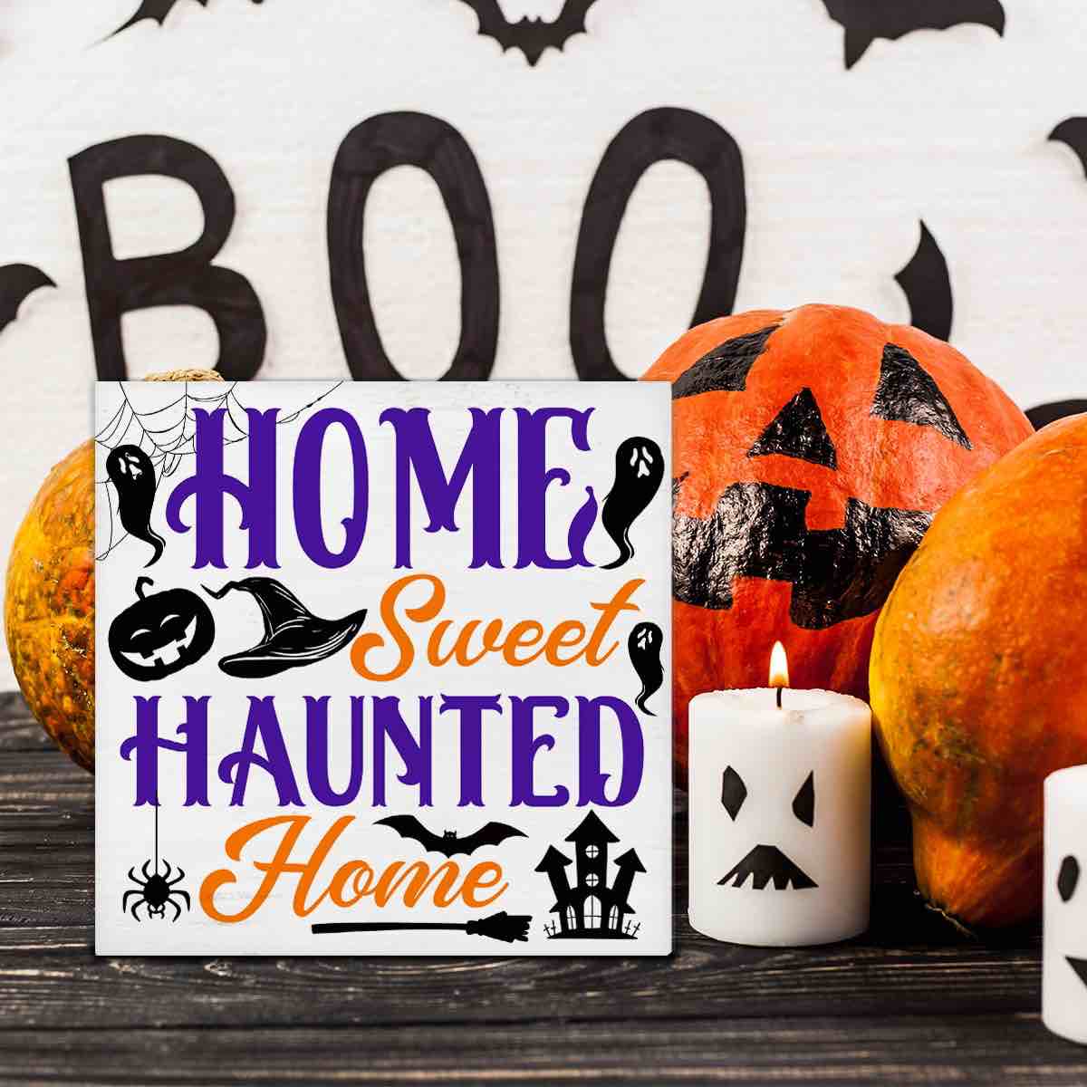 Halloween Decorations Spooky Home Decor Ghost Pumpkin Bat Wooden Sign Halloween Decorations Indoor for Desk Table Shelf 5 X 5 Inches
