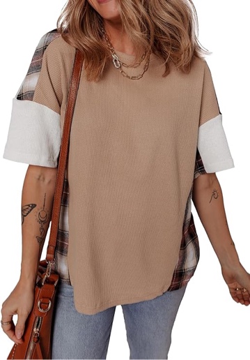 (Large) EVALESS Waffle Knit Tops for Women Trendy Crewneck Short Sleeve Shirts 2025 Summer Color Block T Shirts Loose Tee Tunic Tops