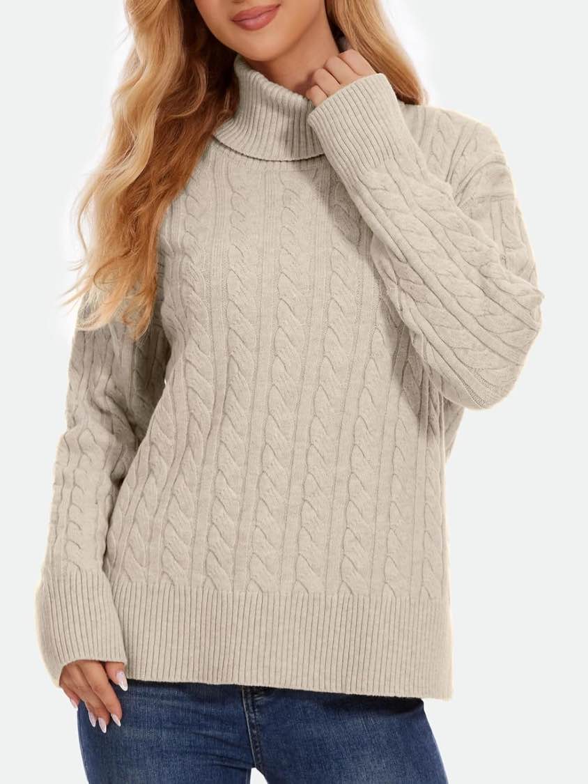 ZANZEA Turtleneck Sweater Women Long Sleeve Oversized Pullover Spilt Hem Chunky Cable Knit Jumper Fall Sweaters 2024 (Medium)