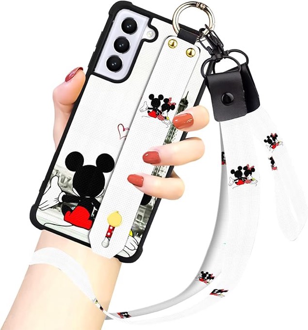 Cartoon Case for Samsung Galaxy S Cute White Cartoon Character Design with Lanyard Wrist Strap Band Holder Shockproof Protection Bumper Kickstand Cover