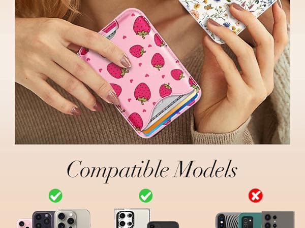 shorogyt compatible with magsafe wallet magnetic card holder - strawberry phone wallets for women teen girls cute pattern for iphone 16/15/14/13/12 series slim for apple mag rfid magnet, fit 3 cards