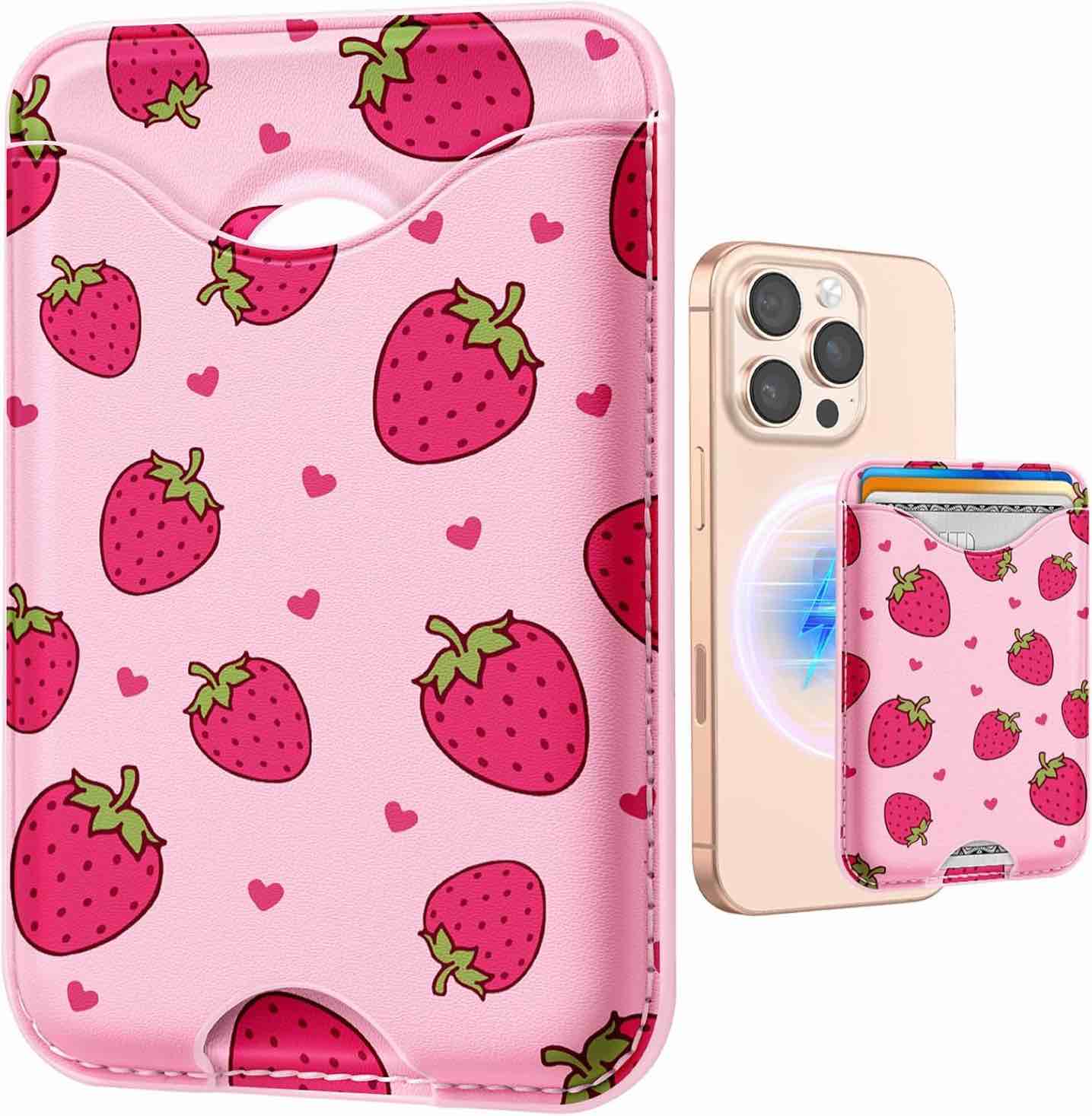 shorogyt compatible with magsafe wallet magnetic card holder - strawberry phone wallets for women teen girls cute pattern for iphone 16/15/14/13/12 series slim for apple mag rfid magnet, fit 3 cards