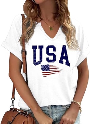 (X-Large) Patriotic Shirts for Women V Neck 4th of July America Flag Vintage Blouse Summer BBQ T-Shirt Memorial Tops Tee