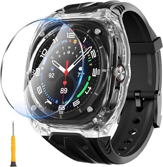Suoman for Samsung Galaxy Watch 7/8 Ultra 47mm (2024/2025) Band and Case, TPU Sport Strap with Shockproof PC FrameBumper + 9H Tempered Glass Screen Protector -Black