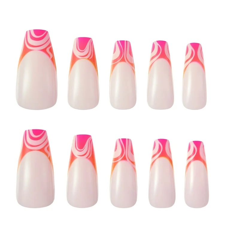Lottie London x Chaun Legend Stay Press'd, Press on Nail Set, Pink & Orange Ombre Swirl Tips Coffin Shape, Chaunbré Sunset, 24 Nails