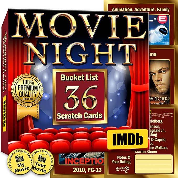 cheshire gifts movie night supplies: scratch-off cards - unique gift ideas: ideal for date night, couple gifts - gifts for boyfriend or at home date night kit, movie scratch off poster card game