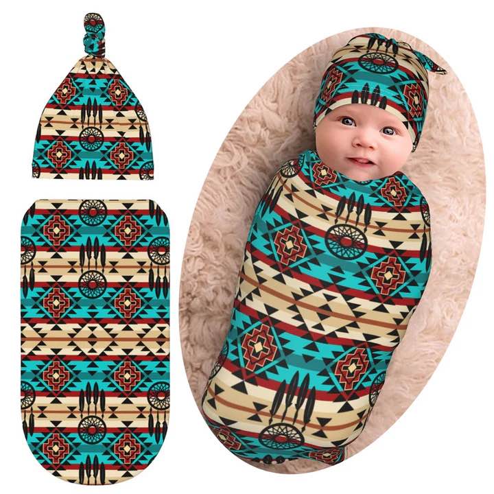 Western Baby Stuff Aztec Navajo Newborn Baby Swaddle Blanket Native American Wrap Sleep Sack Soft Silky with Beanie Hat for Boys Girls Infant