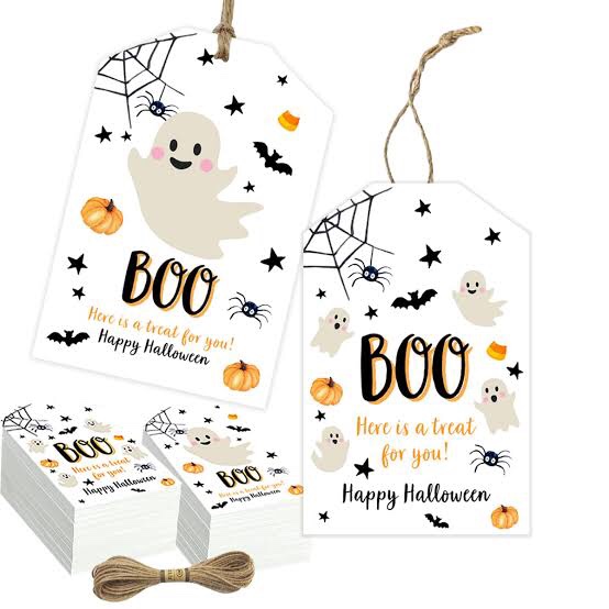 Halloween Tag Decoration 50PCS Ghost Tag With Jute String - Trick or Treat Happy Boo Day for Party Gift Wrapping Candy Bag Decoration