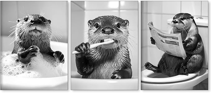 podafu Cute Otter Wall Art Funny Bathroom Poster Set Of 3 Black And White Animal Canvas Prints for Toilet Lavatory Wall Decor 12x16 inch Unframed
