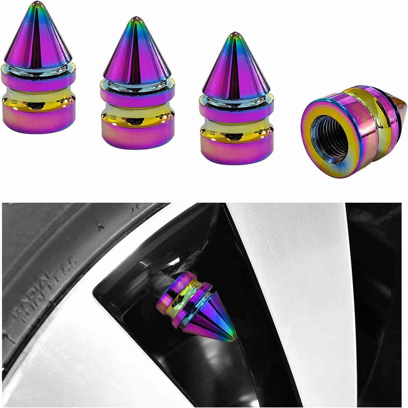 4 PCS Car Tire Valve Stem Caps, Spiked Aluminum Alloy Air Pressure Valve Stem Cover, Dustproof Spiked Shape Airtight Tire Stem Caps, Valve Stem Cap for Most Vehicles (Colorful) 