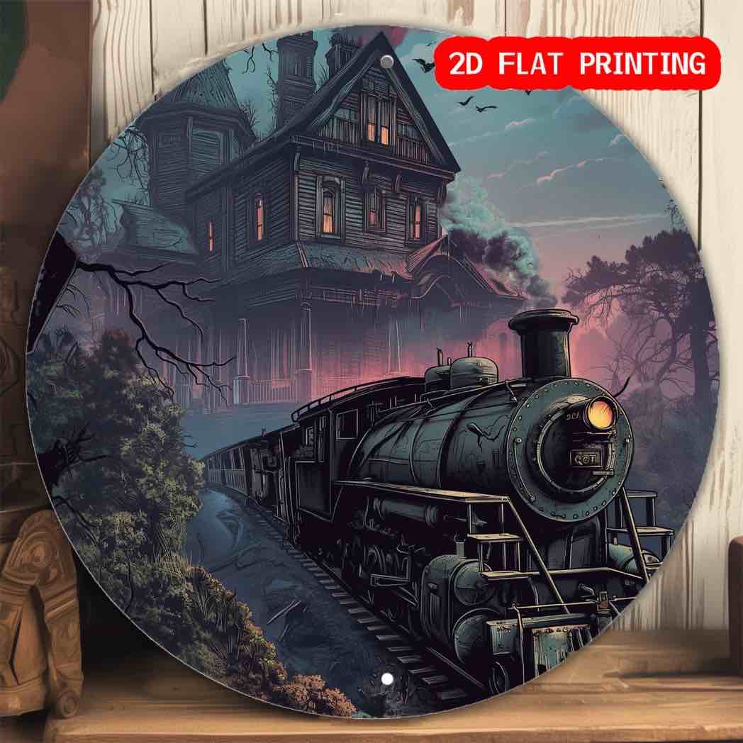 Ghostly Express Railway Round Aluminum Sign — Vintage Halloween Metal Sign Suitable for Home Bar Cafe Office Room Restaurant Decor (8x8 inches)
