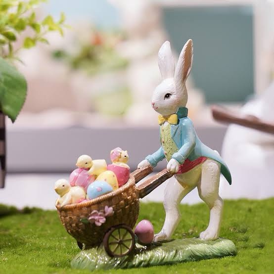 Easter Party Decorations Bunny Décor - Resin Rabbit Statue Pushing Easter Eggs Cart Multi Color Easter Bunny Décor Spring Decorations for Home 4.5 * 1.5 * 5 Inch
