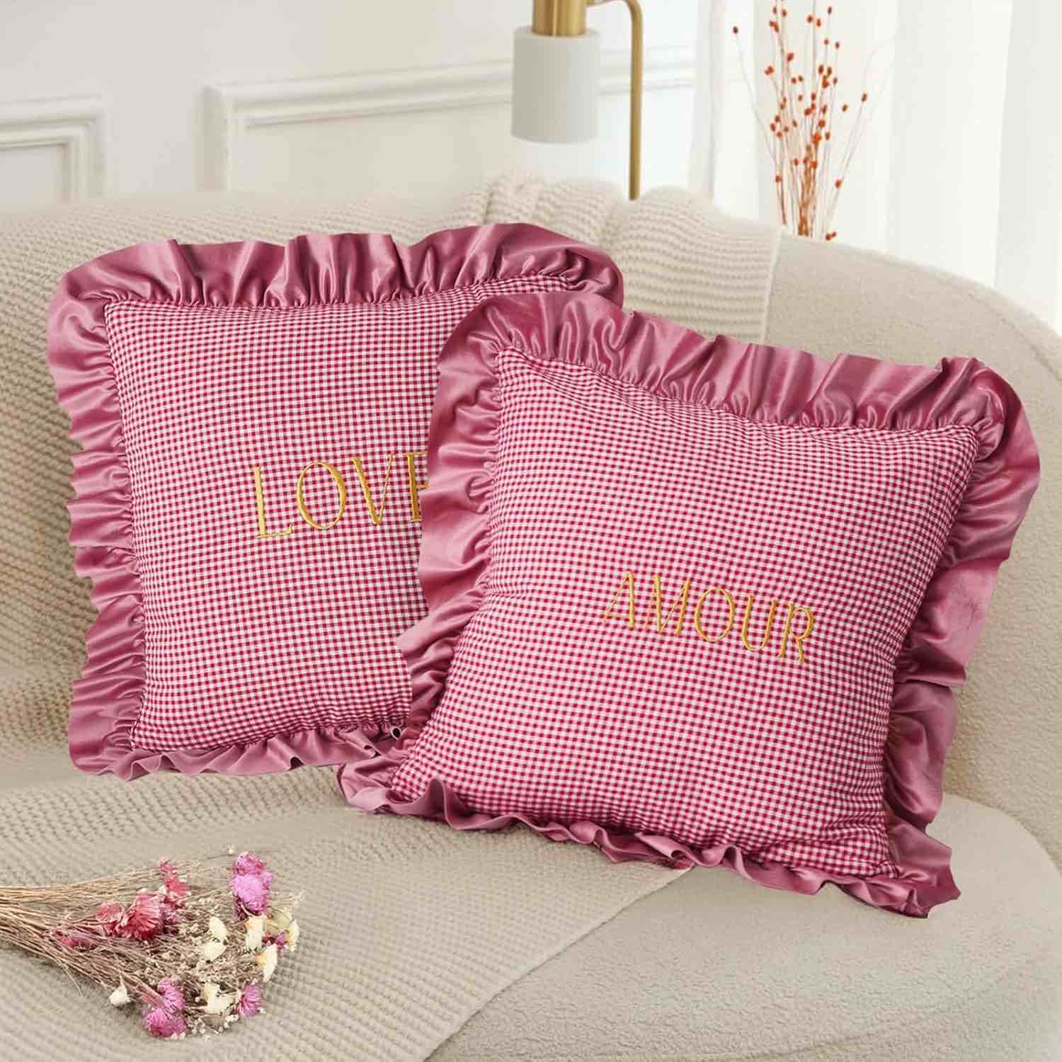 2 Pack Red/White Plaid Ruffle Throw Pillow Covers Farmhouse Checkered Chic Washed Cotton Pillowcases Gingham Pillow Shams for Bed, Sofa, Living Room Check Cushion Cover Decorative Pillowcase -18"x18"