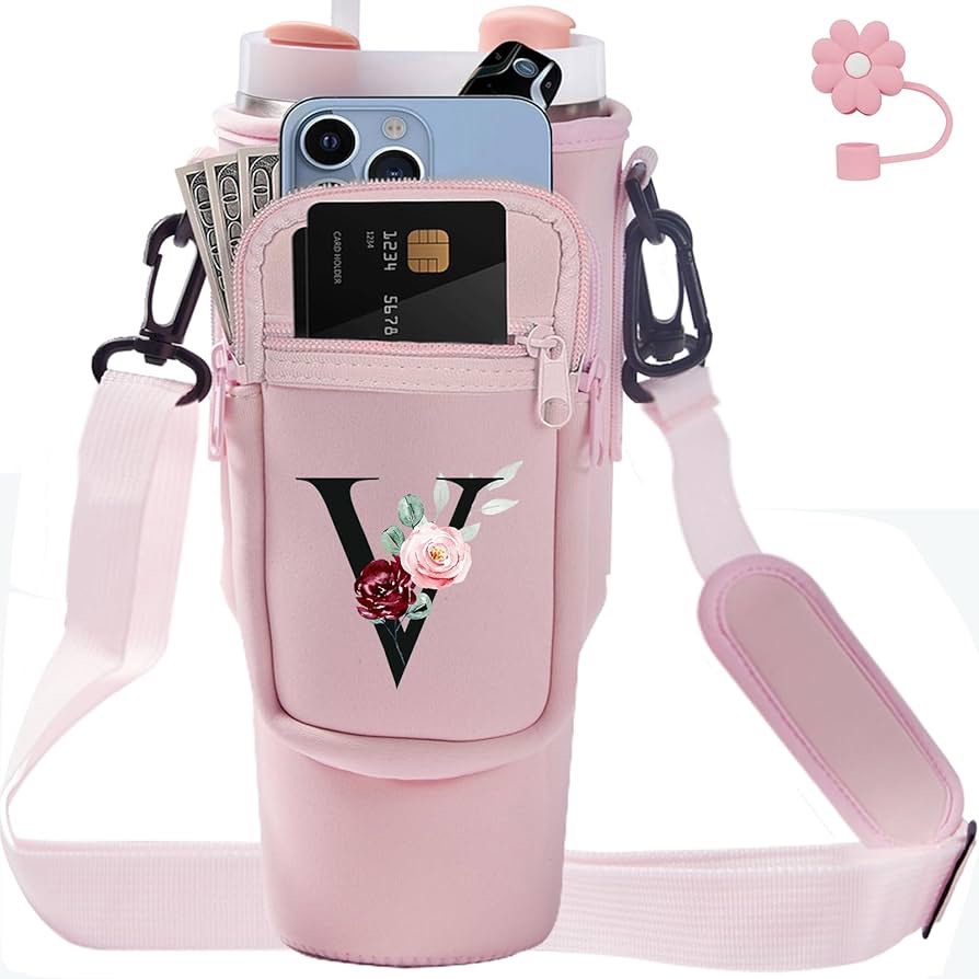 water bottle carrier with strap for stanley 40 oz tumbler,personalized initial id name stanley bag with phone pocket, adjustable strap, stanley cup accessories