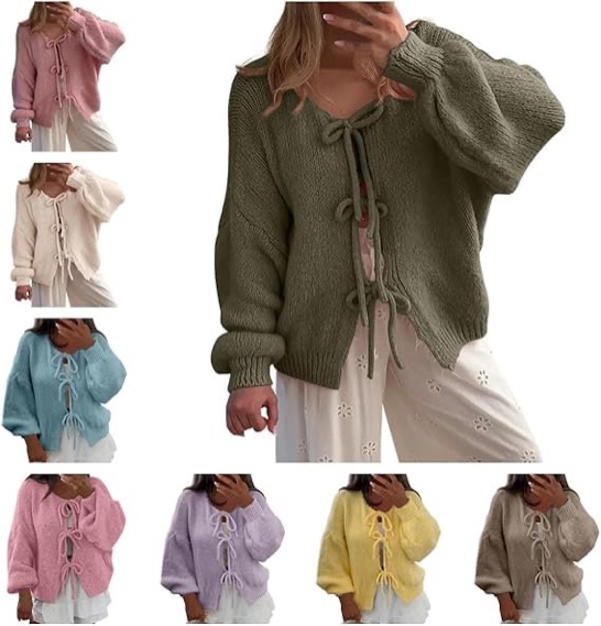 Kissonic Women's Tie Front Bow Cardigan Sweaters Y2K Bow Puff Long Sleeve Jacket 2024 Fall Trendy Tops