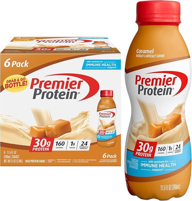 premier protein shake, caramel, 30g protein 1g sugar 24 vitamins minerals nutrients to support immun
