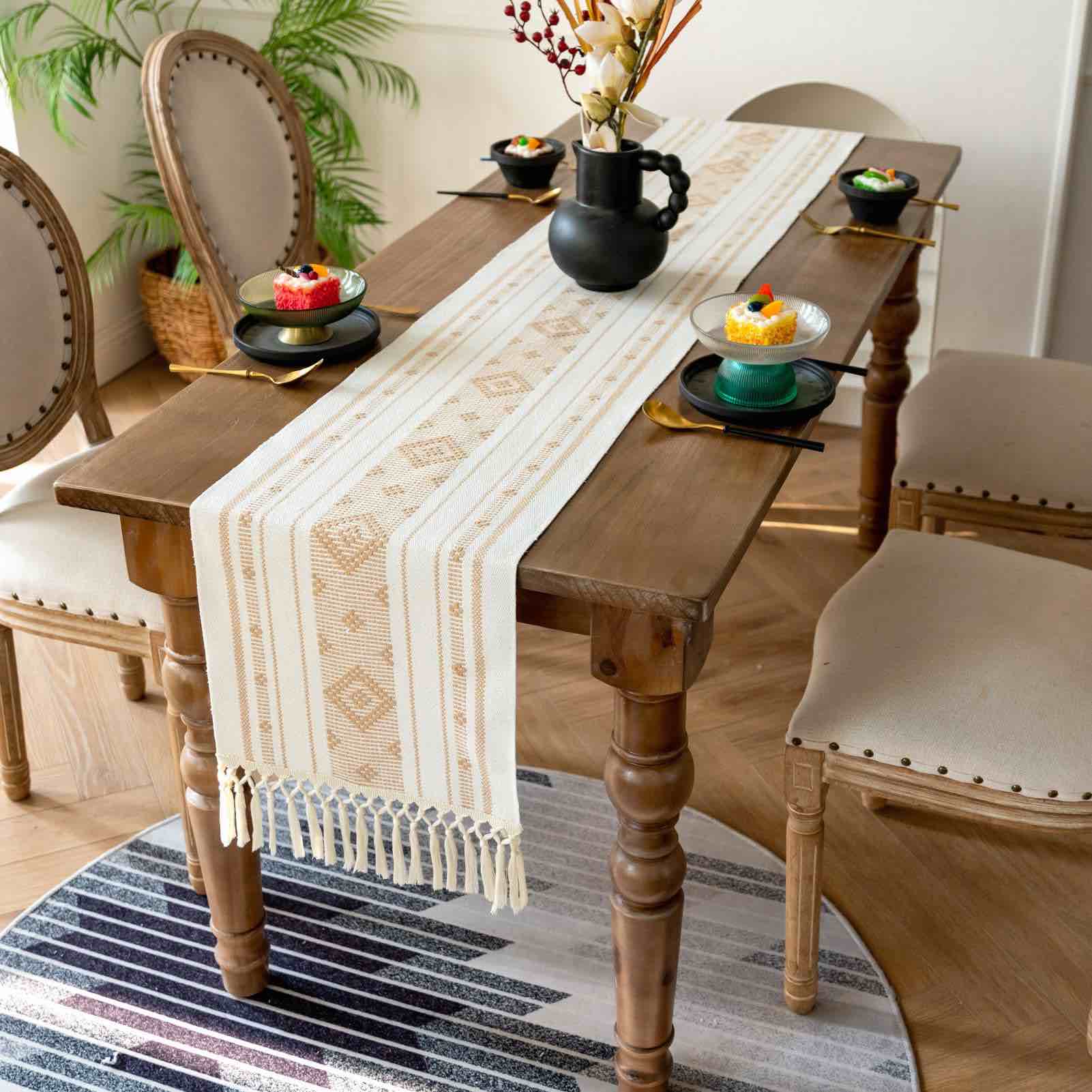 Crisjanggo Rustic Boho Table Runner with Tassels Party Decor 48 Inches Washable Cotton Woven Table Decor for Birthday Weddings