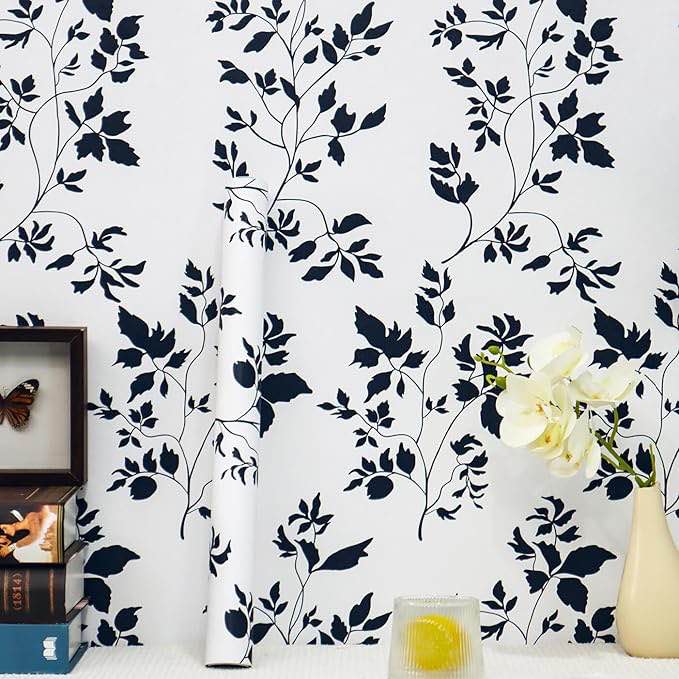 heroad peel and stick wallpaper floral contact paper navy blue removable wallpaper boho contact paper for cabinets waterproof self adhesive for bathroom vinyl roll 17.3''x196''