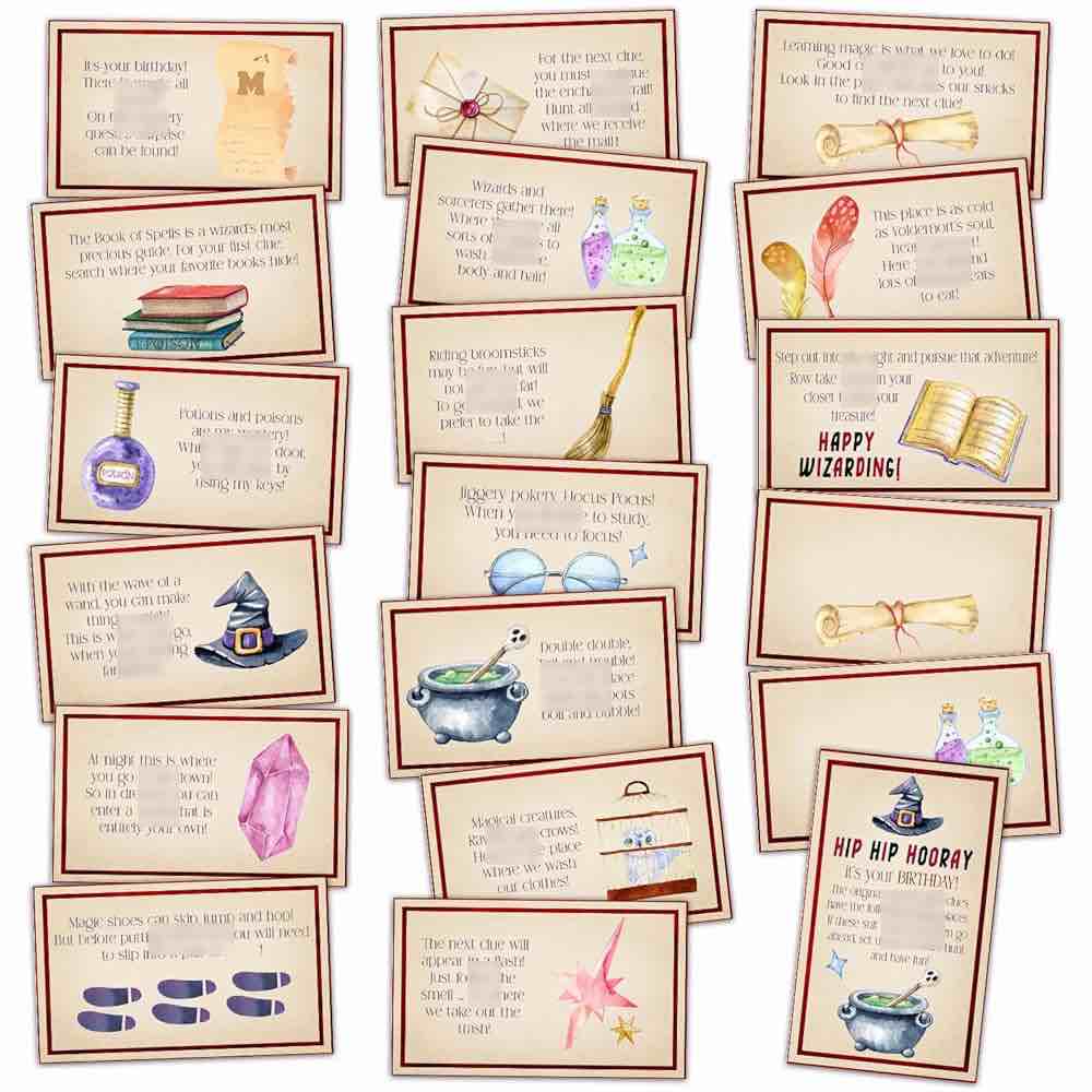 Birthday Treasure Hunt Clue Cards, Vintage Wizard Scavenger Hunt Game, Set of 19 Cards and 18 Envelopes, Indoor Ourdoor Birthday Party Activities Celebration Game, Birthday Party Decorations - SR5