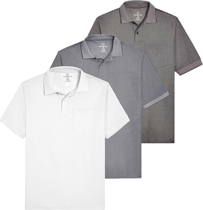 real essentials 3 pack: men's regular-fit ribbed polo shirt (grey, white, khaki) - 4xl