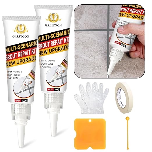 tile grout repair kit, 2 pack grout filler - fast-drying grout paint, restore & refresh tile joints for bathroom, shower, kitchen & floor tiles - grey