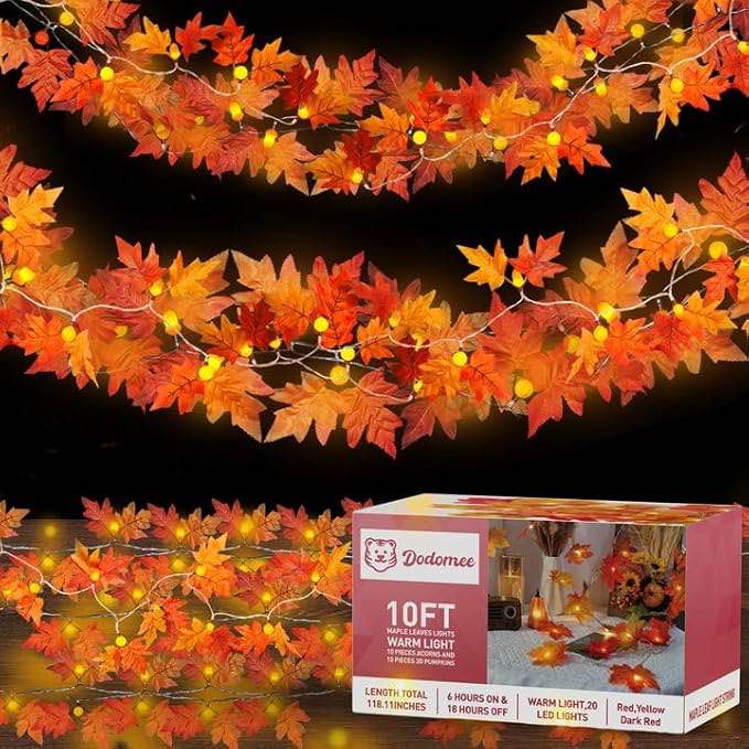 fall garland with lights string decorations: 4 pack maple leaves string light outdoor indoor total 80 led battery operated orange pumpkin decoration for thanksgiving halloween christmas fall decor