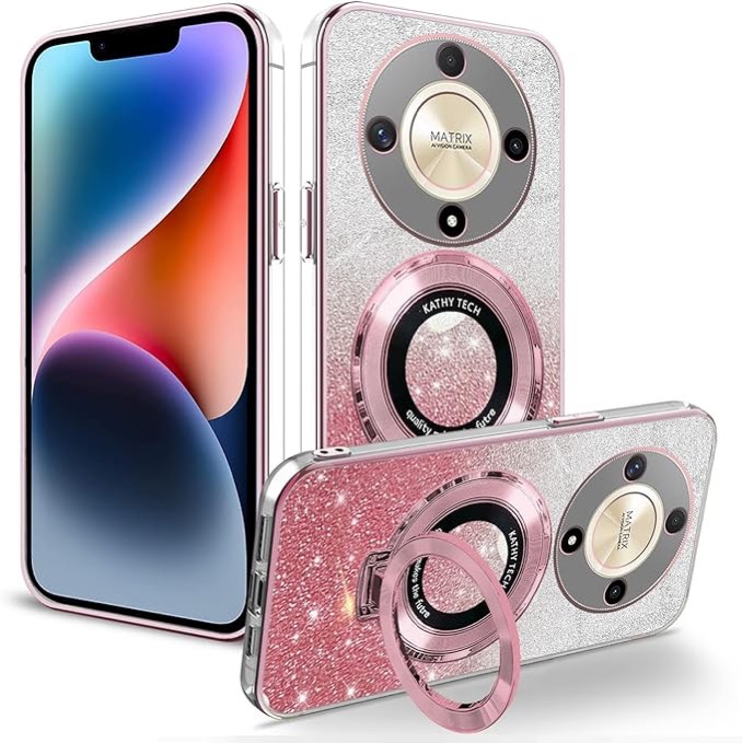 Hlgcokro Silicone Case Compatible with Honor Magic 6 Lite Case with Ring Holder Kickstand, Phone Case for Honor Magic 6 Lite Funda Clear Glitter Bling Shockproof Protective Cover (Pink)