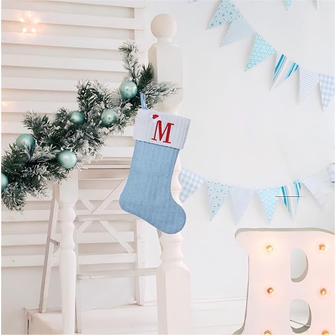 Blue Knit Christmas Stockings Personalized, 19.5 Inches Embroidered Letter Christmas Stocking for Holiday Decorations and Xmas Gift(Initial M)