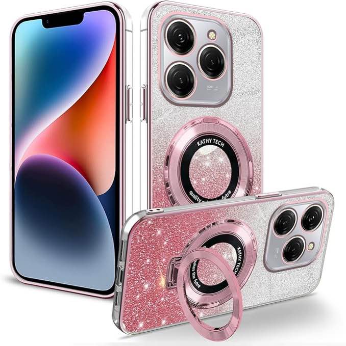 Hlgcokro Silicone Case Compatible with Infinix Hot 40 Pro Case with Ring Holder Kickstand, Phone Case for Infinix Hot 40 Pro Funda Clear Glitter Bling Shockproof Protective Cover (Pink)