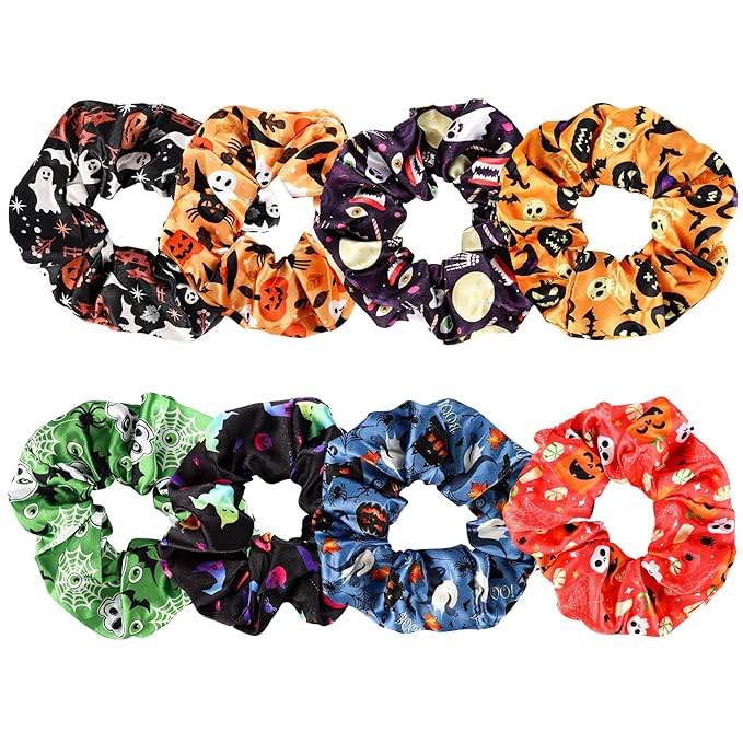 Halloween Hair Scrunchies Elastic Satin Hair Ties Spooky Pumpkin Witch Ghost Prints Halloween Accessories for Women Girls