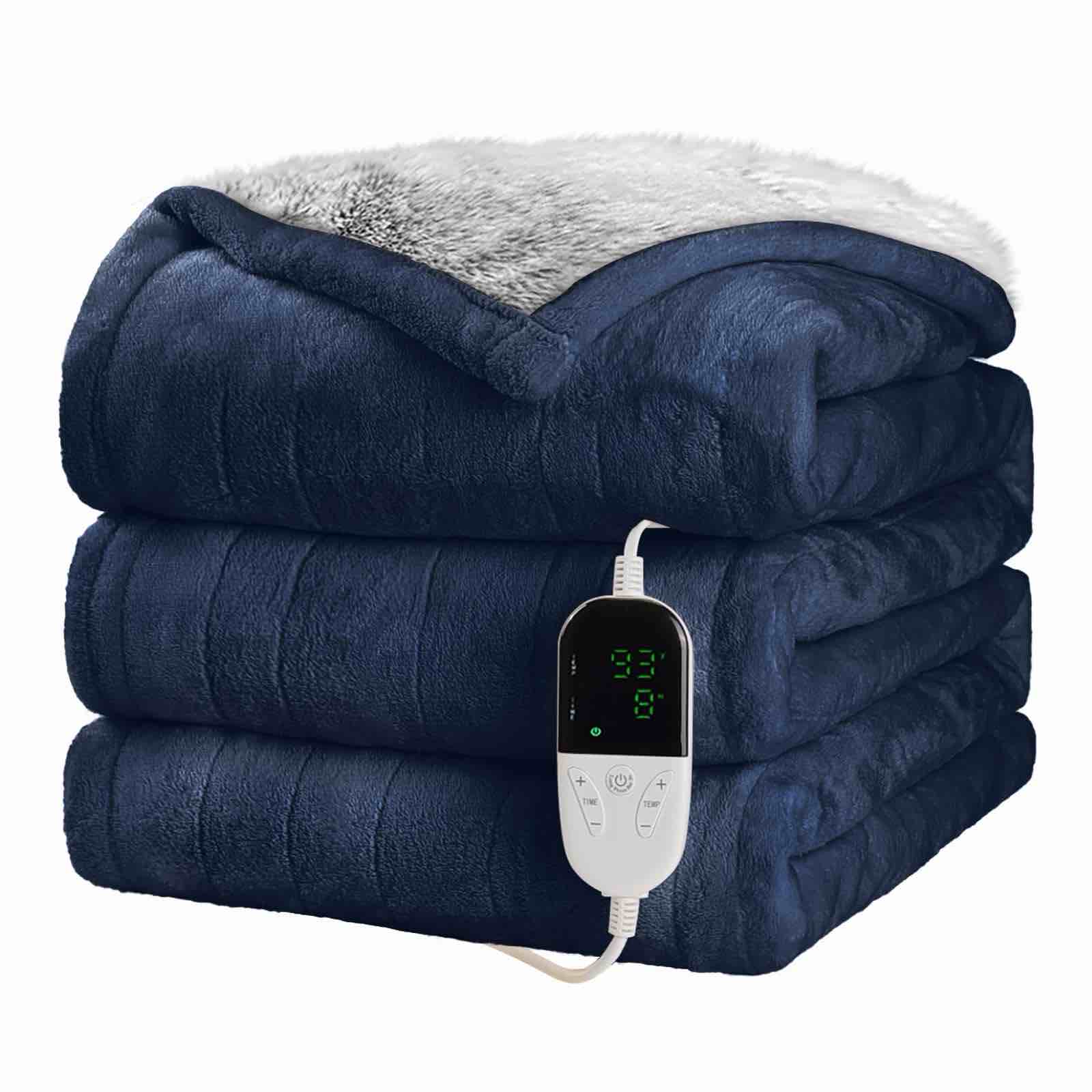 BOPLIFE Artificial Rabbit Fur Electric Blanket Heating Blanket 50\'\'x60\'\' Heated Blanket Throw Warming Blankets for Adults Any Customized Temperature Continuous Heating for 1-12 Hours Dark Blue