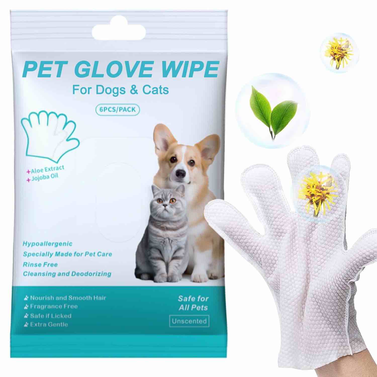 Wiher Pet Glove Wipe for Dogs & Cats, Cleaning & Deodorizing Grooming Gloves, Nourish Fur Glove Wipes for Daily Care and Traveling, Rinse Free?6 PCS