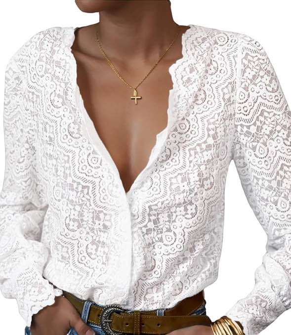 (Size XL) LUXVEER Lace Tops for Women Dressy Casual Blouses Puff Long Sleeve V Neck Button Down Business Work Shirts