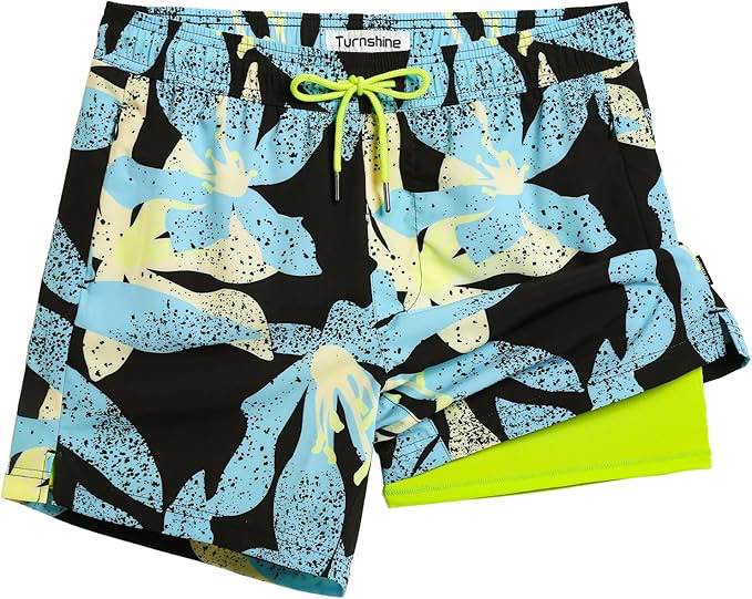 Turnshine Mens Swim Trunks with Compression Liner 5" Stretch Beach Shorts Quick Dry Bathing Suit Boa