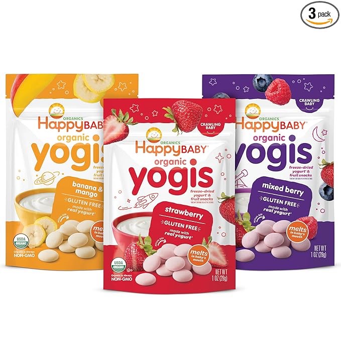 happy baby organic yogis variety pack, mixed berry/strawberry/banana mango, 1 oz, 3 count