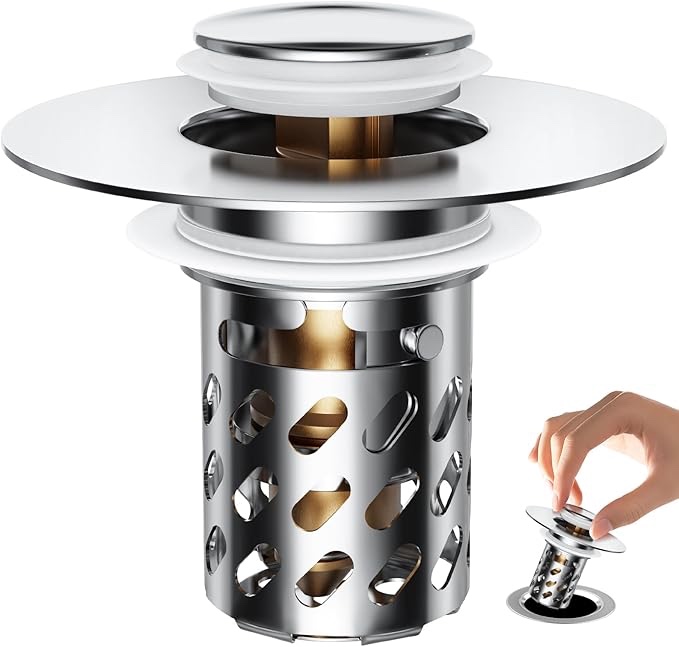 upgraded bathroom sink stopper drain strainer for 1.1-1.45 inch, brass bullet core, all metal cover, pop up stainless steel drain filter with basket hair catcher, cross bore