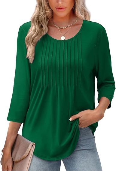 XIEERDUO 3/4 Length Sleeve Womens Tops Crew Neck Pleated Blouses For Women Dressy Casual Tunic Shirts - Large
