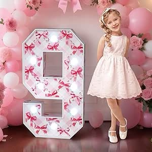coquette pink bow birthday decorations: first birthday decorations for girl women 3ft marquee numbers 9th 19th 90th light up sign bow decor backdrop large foam board number 9