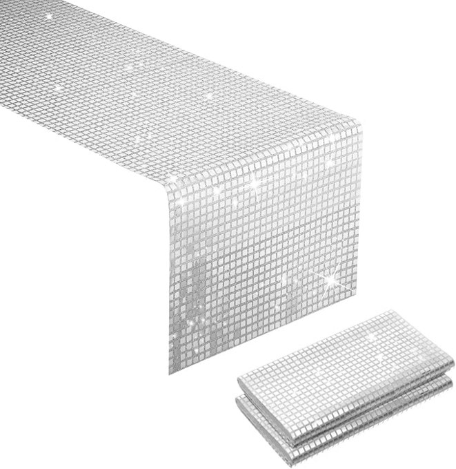 bddc 2 pieces silver 13 x 108 inches glitter table runner, mirror effect disco party table runner retro, silver table decor for disco party, decorations for birthday bachelorette dance party