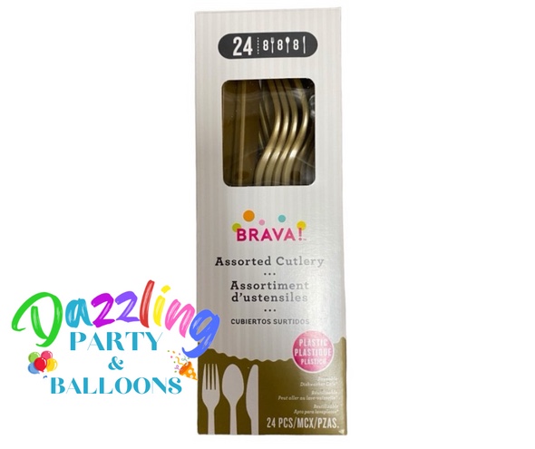Brava! 24 Pack Heavy Duty Plastic Forks - Reusable and Dishwasher Safe (Gold)