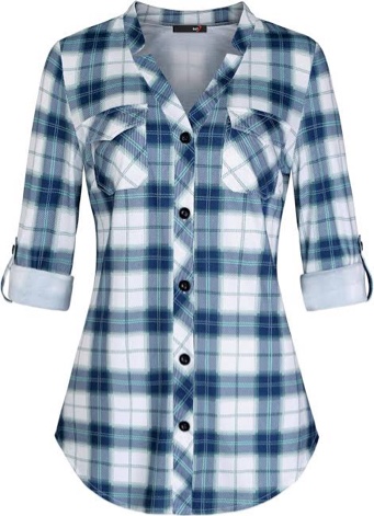 DJT Womens Soft Stretchy Knit Plaid Button Down Shirts Cut Triangle V Neck Roll Up Long Sleeve Tops Blouses