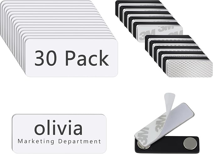 Magnetic Name Tags Holders with Strong Magnets, Blank Name Tag Magnets with Backing Locker White Round Corners, 1.5 x 3 Inches Badges Breastpiece Used for Office, Schools - 30 Pack