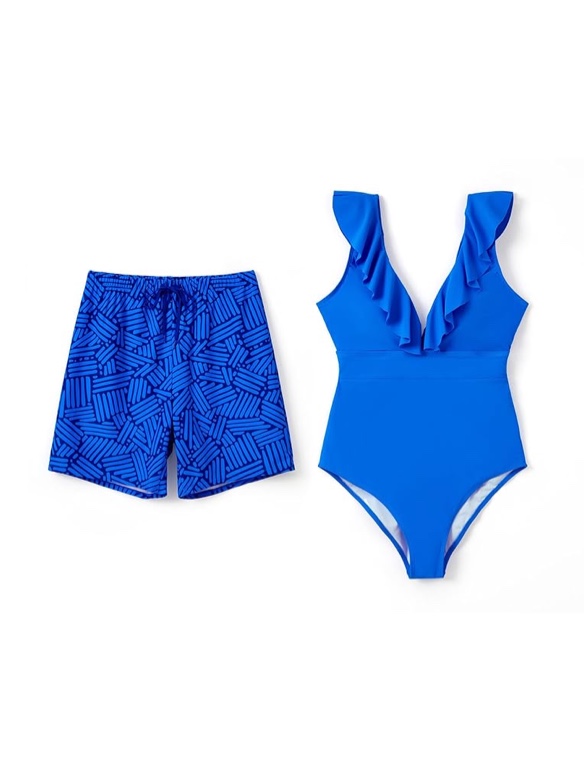 PATPAT Matching Swimsuits for Couples V Neck One Piece Swimwear Drawstring Waist Swim Trunks Summer Beach Bathing Suits