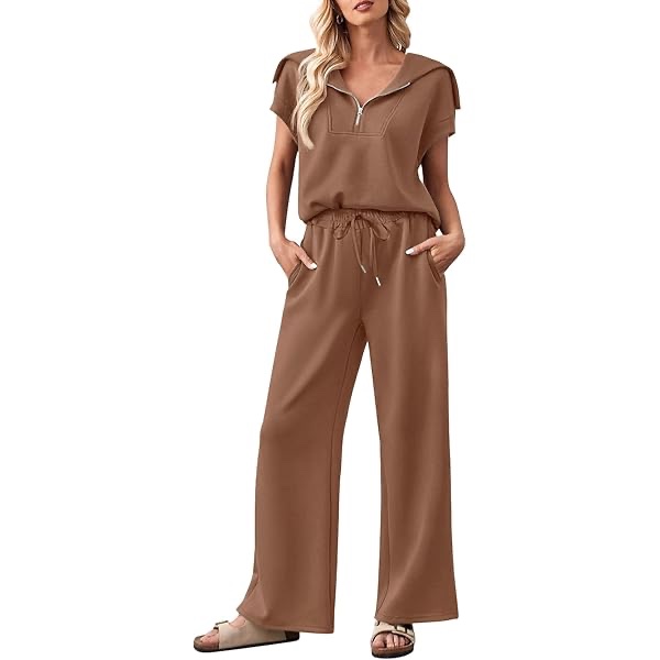 ANOTWENER Women Casual 2 Piece Sweatsuit Sets Half Zip Short Sleeve T Shirts and Sweatpants Loungewear Sets Tracksuits Brown JW-30276-2XL