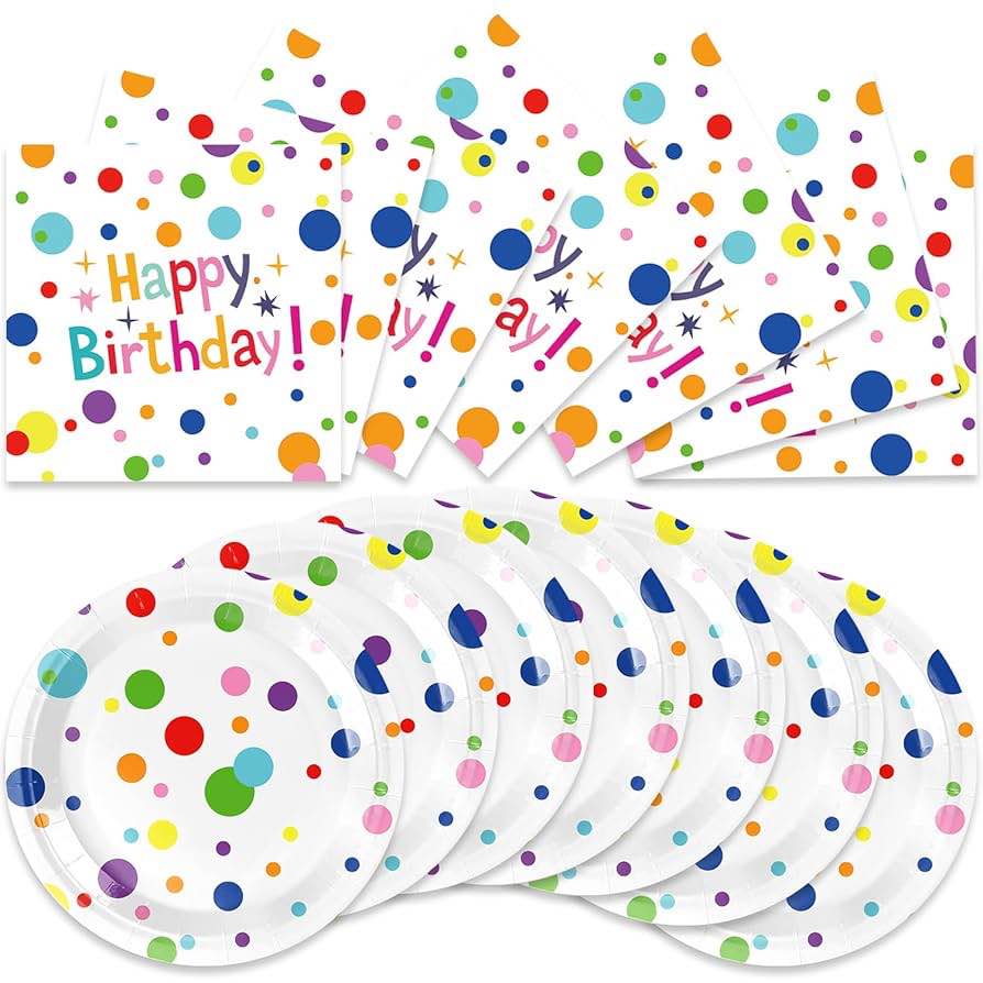 MASGY 40 Pieces Polkadots Birthday Party Supplies — include 20 Dessert Plates, 20 Napkins, For Birthday Party Supplies Decorations