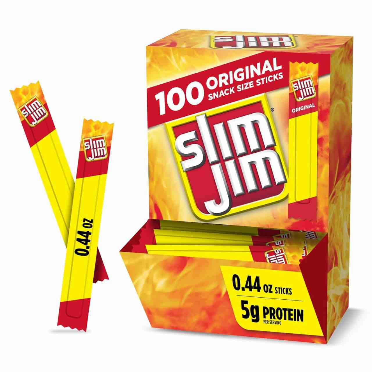 slim jim smoked meat sticks, original flavor, 2g protein per stick, snack size, halloween snack, 0.44 oz. (100 count)