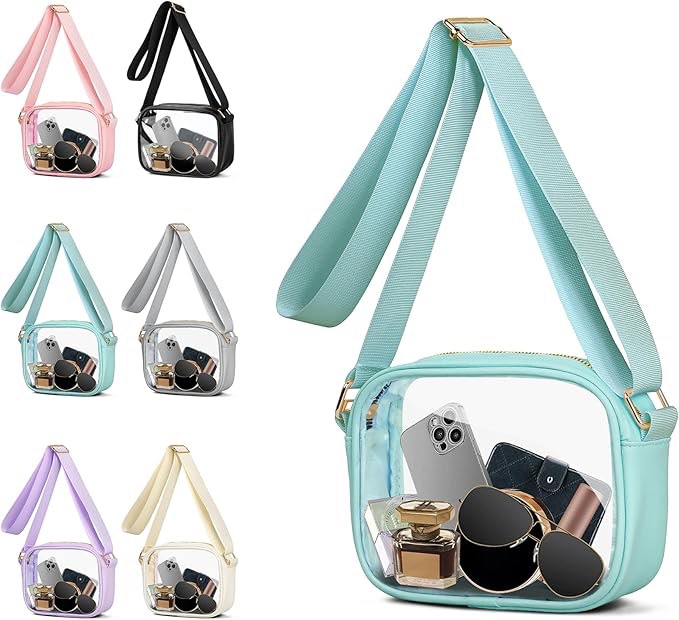 vorolo stadium approved clear crossbody bag,small see through purse handbag with adjustable shoulder strap for sports light blue