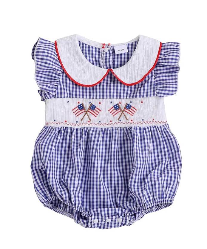 Willow Dance Baby Girl 4th Of July Outfit USA Flag Embroidery Romper Ruffle Sleeve Plaid Bodysuit Smocked IInfant Clothes (6-12m)